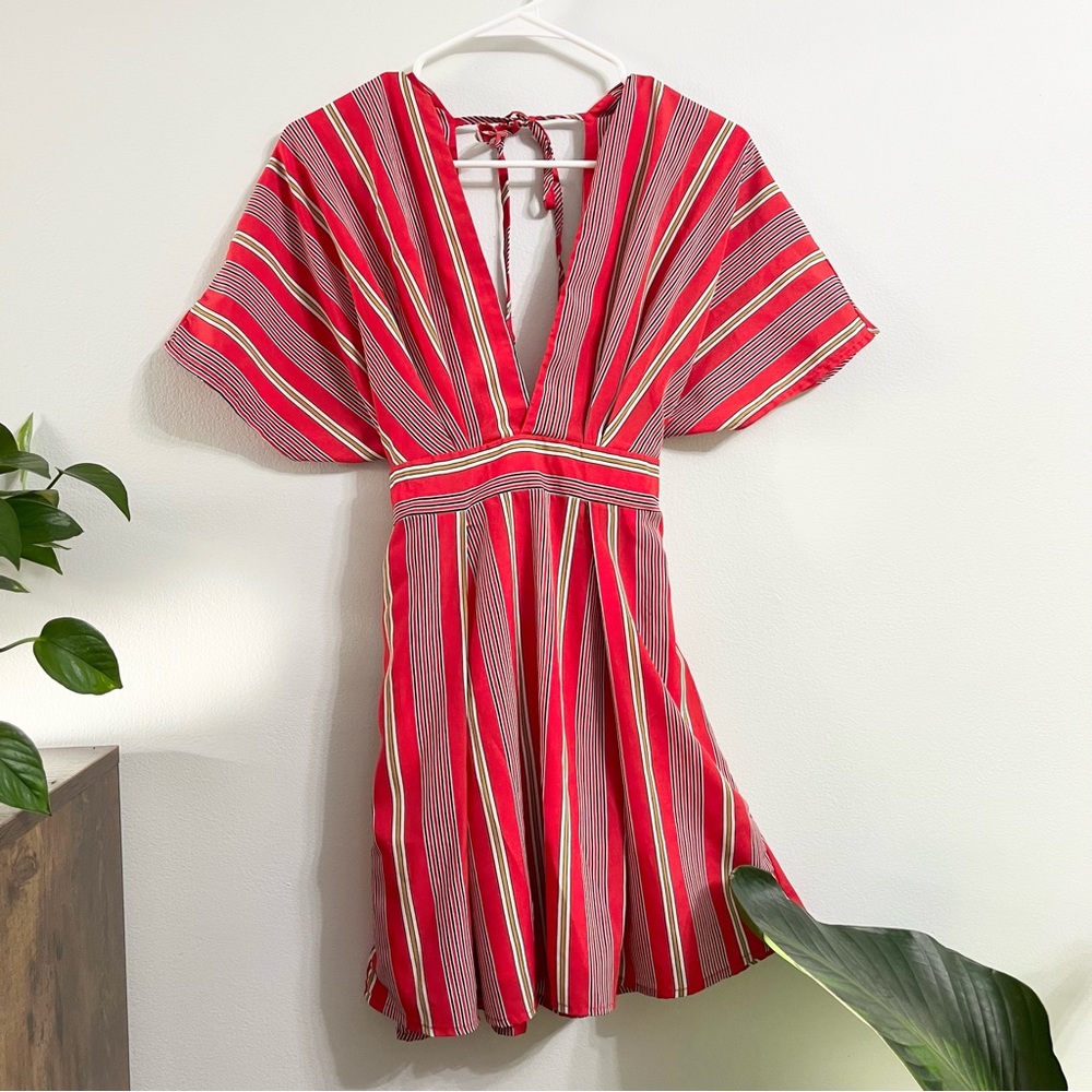 Favlux Fashion Red Striped Deep V Neck Peekaboo Back Tie Around Mini Dress Small